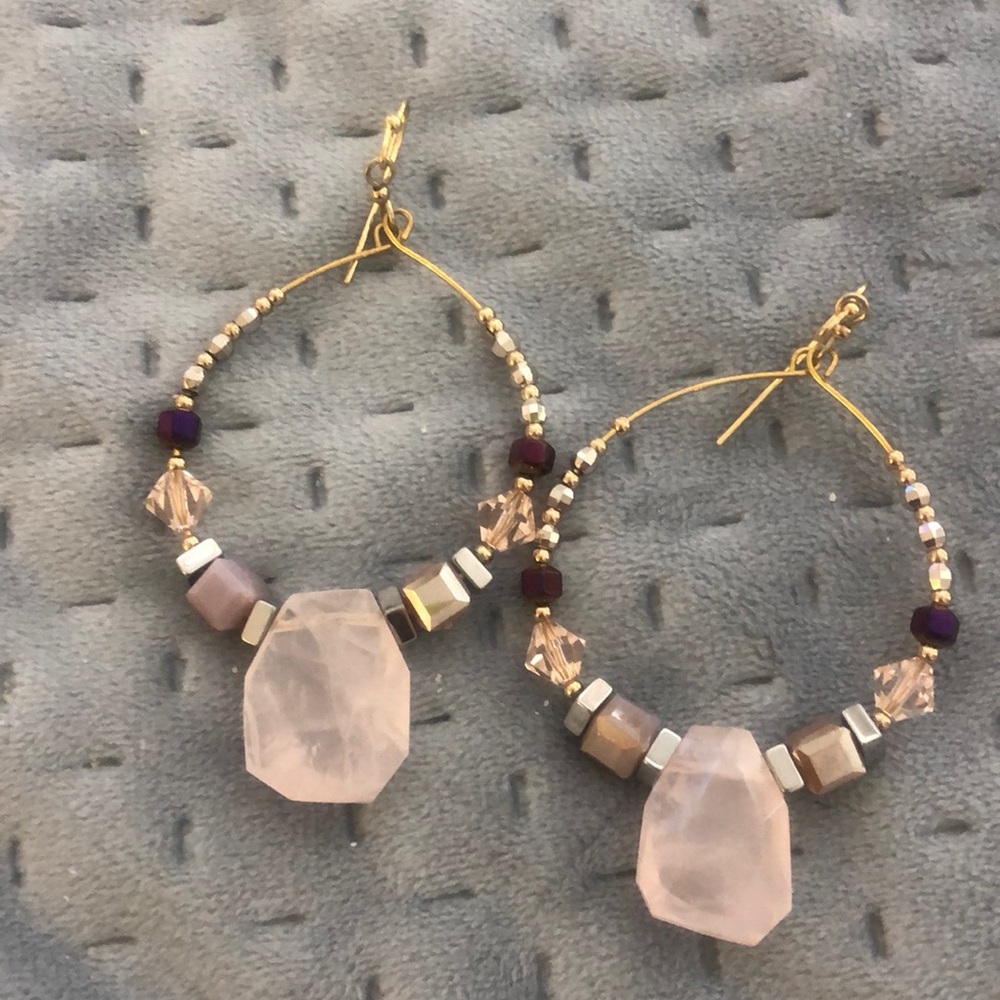 Rose Quartz & Crystal Beaded Hoop Earrings,NWT